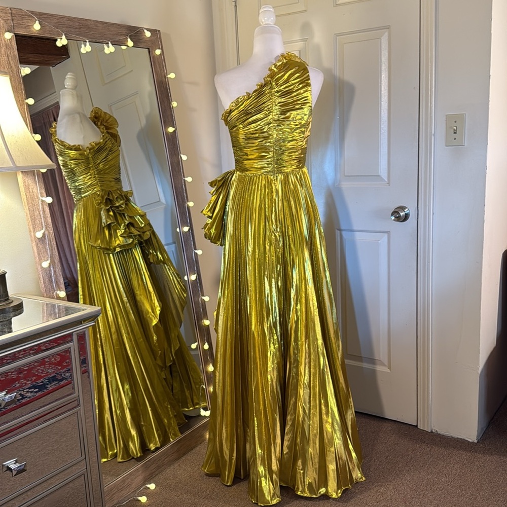 MAC DUGGAL Gold One Shoulder Pleated Ruffle Gown with Slit - Picture 11 of 17
